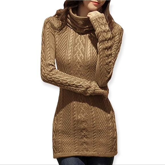 NWT CEASIKERY Cowl Neck Long Slim Fitted Cable Knit Sweater - Picture 1 of 6